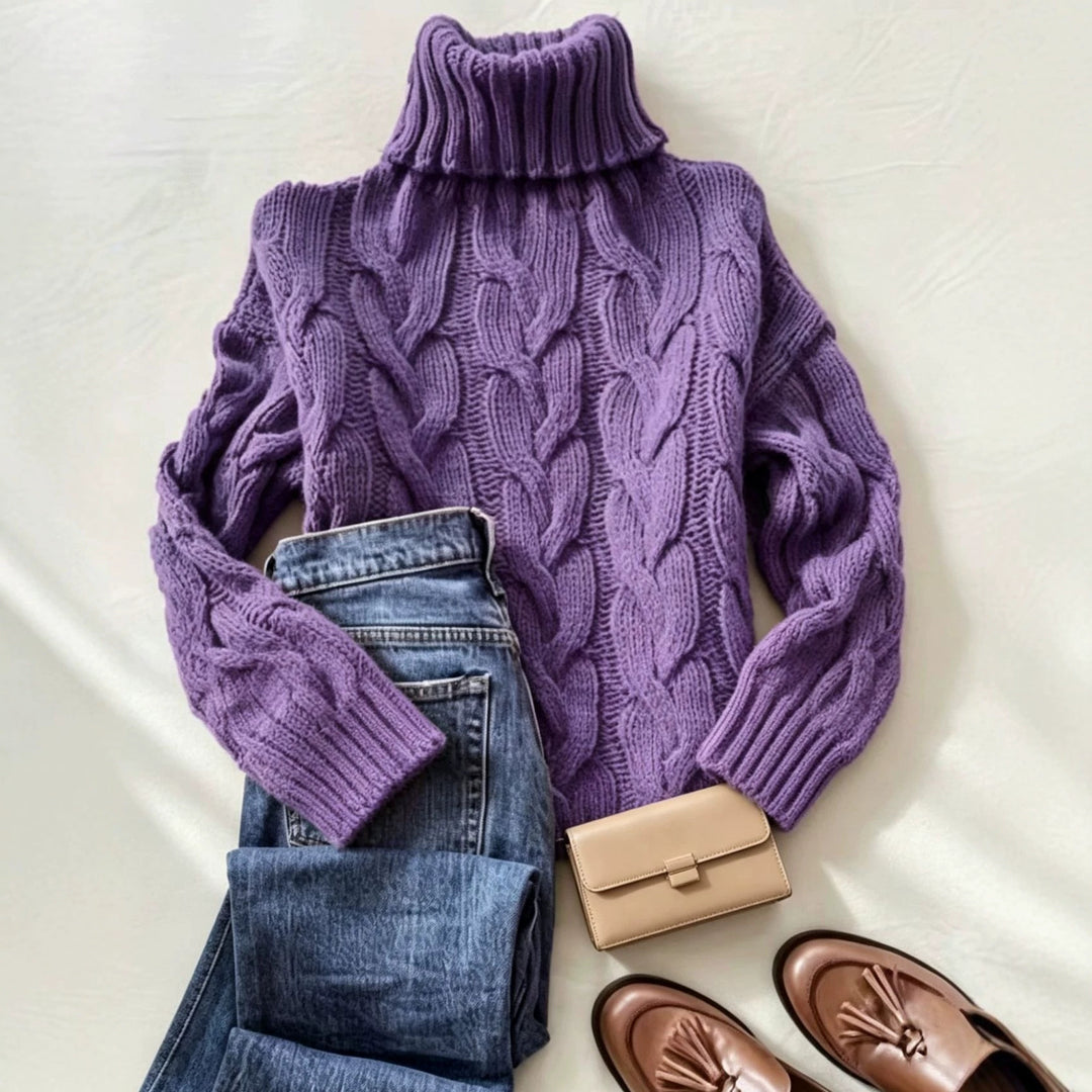 Damen Grobstrick-Rollkragenpullover mit markanten Zopfmustern und gerippten Bündchen Shop Nory