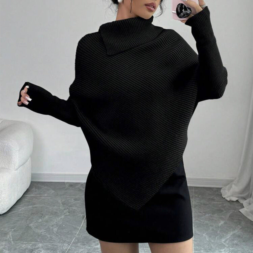 Damen Asymmetrischer Rippenstrick-Poncho mit hohem Rollkragen und verlängerten Ärmeln Shop Nory