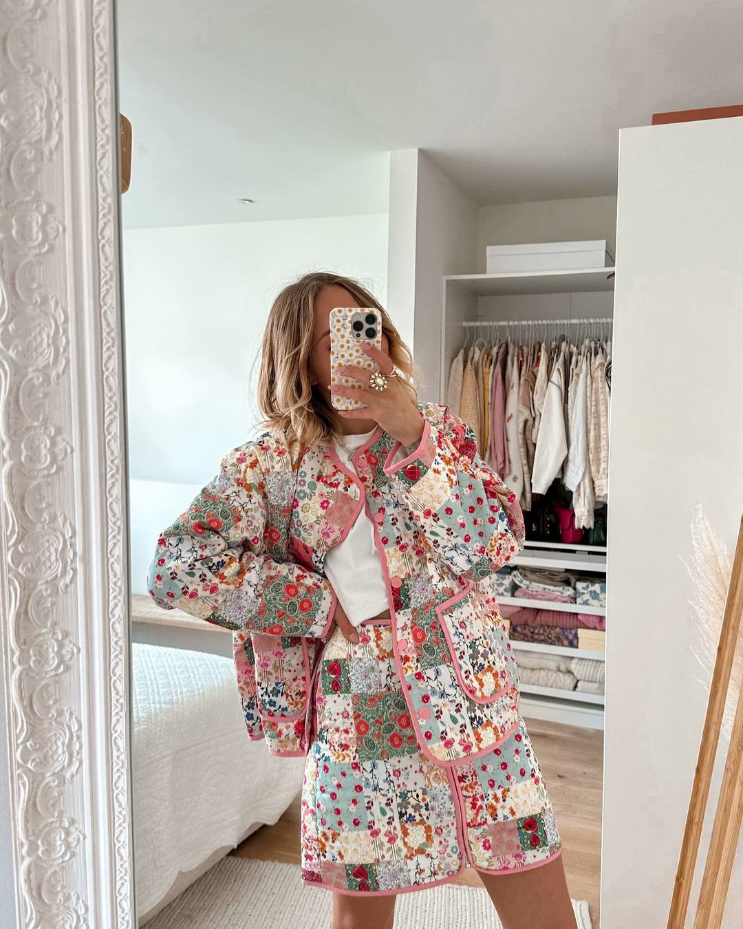 Damen Gesteppte Patchwork-Jacke Weste und Minirock-Set Shop Nory