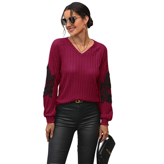 Damen Geripptes Longsleeve mit V‑Ausschnitt, Spitzen‑Einsätzen an den Ellbogen und Ballonärmeln Shop Nory