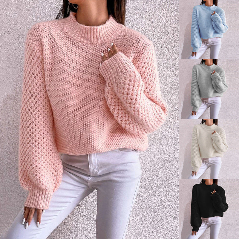 Damen Kurzgeschnitteter Grobstrick-Pullover mit Voluminösen Netzstruktur-Ärmeln und Stehkragen Shop Nory