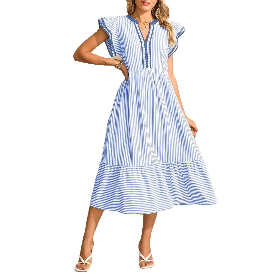 Damen Maritime Midikleid mit vertikalen Streifen, V-Ausschnitt und Volantstufe Shop Nory