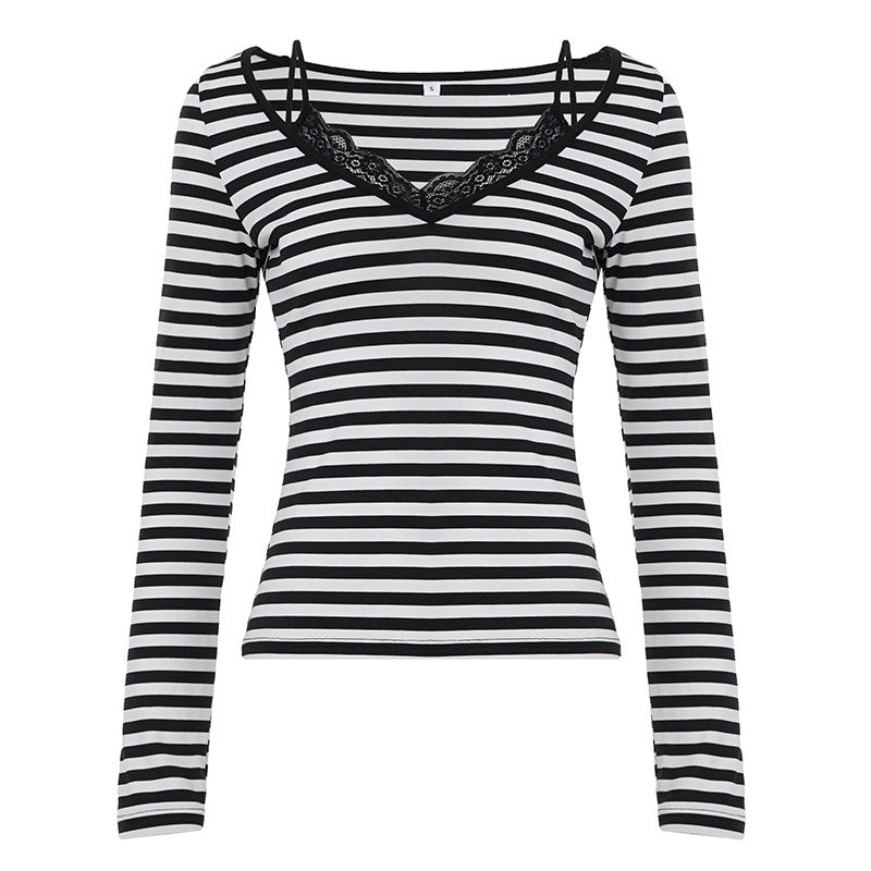 Damen nan gestreiftes Langarmshirt mit Spitzen‑V-Ausschnitt und Doppelspaghettiträger Shop Nory