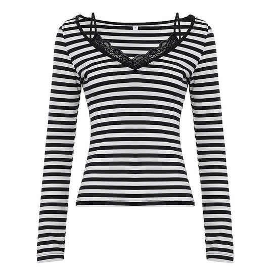 Damen nan gestreiftes Langarmshirt mit Spitzen‑V-Ausschnitt und Doppelspaghettiträger Shop Nory