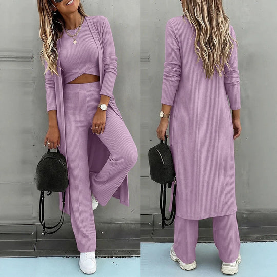 Damen Dreiteiliges Rippstrick-Loungewear-Set mit Longcardigan, bauchfreiem Top und weiter Palazzohose Shop Nory