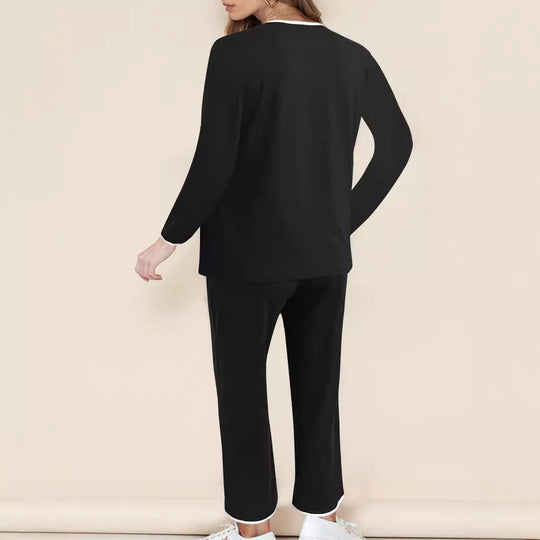 Damen Zweiteiliges Lounge-Set aus weichem Jersey mit V‑Ausschnitt, Langarm-Oberteil und weitem Palazzohosenbein Shop Nory