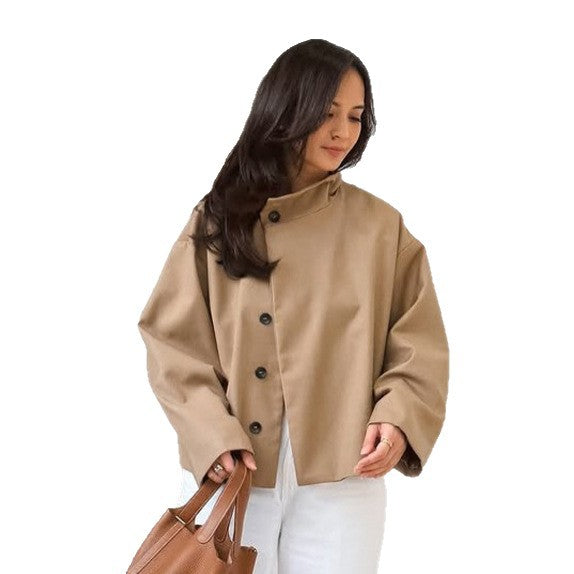 Damen Kurz geschnittene A-Linien Manteljacke mit Stehkragen und asymmetrischer Knopfleiste Shop Nory