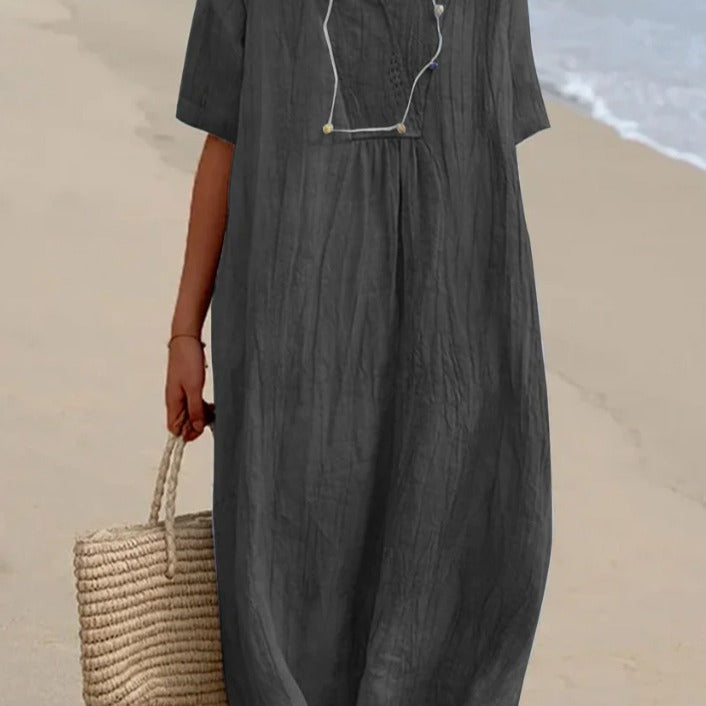 Damen lässiges Midi-Kleid mit V-Ausschnitt und bequemen Kurzärmeln