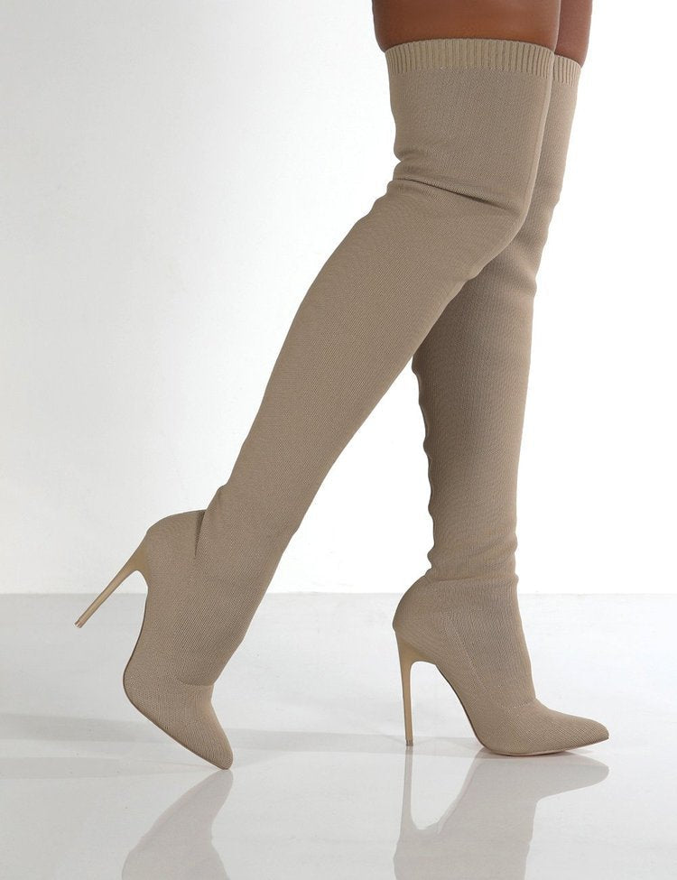 Damen Overknee Stiefel mit elegantem spitzem Absatz und modischem Strickdesign