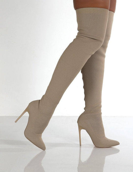 Damen Overknee Stiefel mit elegantem spitzem Absatz und modischem Strickdesign
