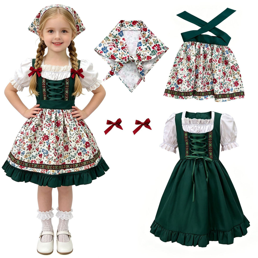 Damen nan traditionelles Kinderdirndl mit Schürze Haarband Spitzenbluse und Zierschnürung Shop Nory
