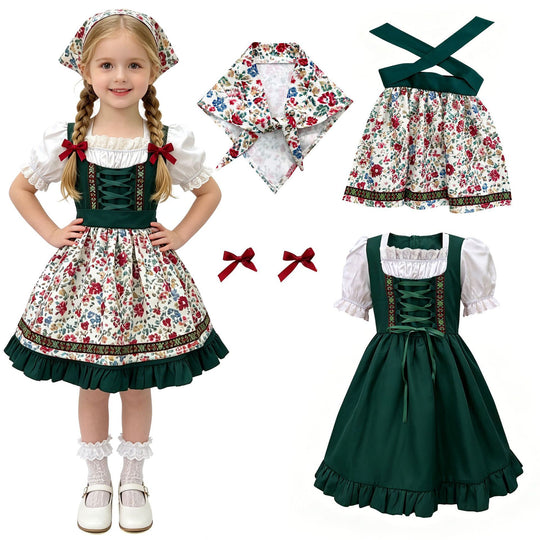 Damen nan traditionelles Kinderdirndl mit Schürze Haarband Spitzenbluse und Zierschnürung Shop Nory