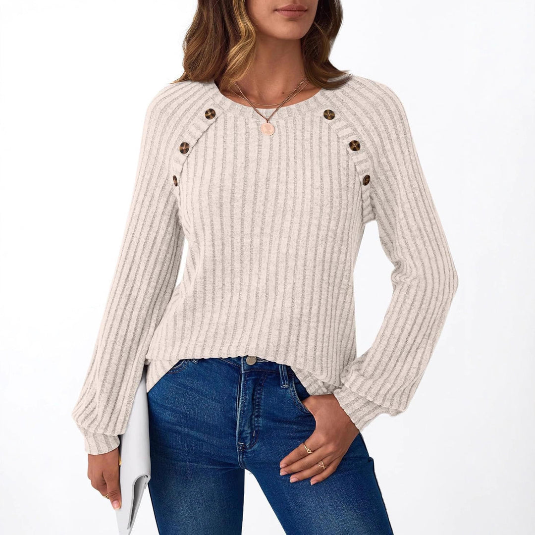 Damen Gerippter Strickpullover mit Zierknopfleiste an Raglanärmeln Shop Nory