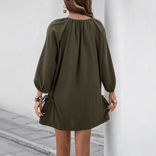 Damen Tunika‑Minikleid mit Knopfblende, Ballonärmeln und seitlicher Kordel Shop Nory