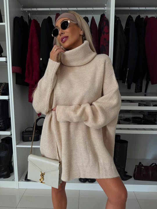 Damen oversized Rollkragen-Strickkleid mit weitem Schnitt, überschnittener Schulter und extraweichen Rippbündchen Shop Nory