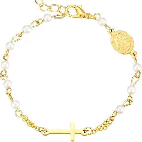 Damen Armband mit glänzenden Perlen und charmantem Kreuzanhänger Shop Nory
