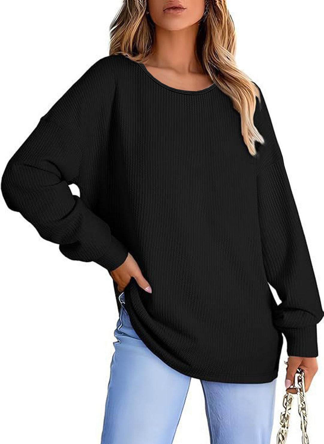 Damen Oversize Waffelstrickpullover mit Rundhals, Ballonärmeln und verlängertem Saum Shop Nory