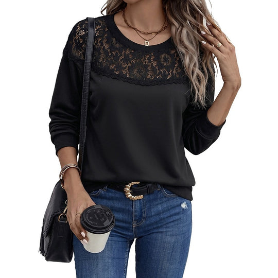 Damen Legeres Langarmshirt mit transparenter Spitzenpasse und Rundhalsausschnitt Shop Nory