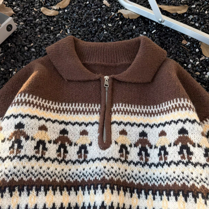Damen Jacquard-Halbzip-Pullover mit Polokragen und Norweger‑Intarsie Shop Nory