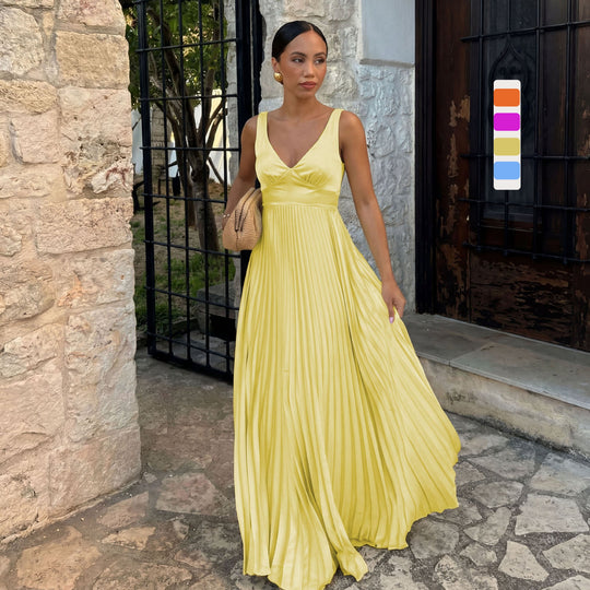 Damen Plisseekleid mit tiefem V-Ausschnitt und eleganter Silhouette