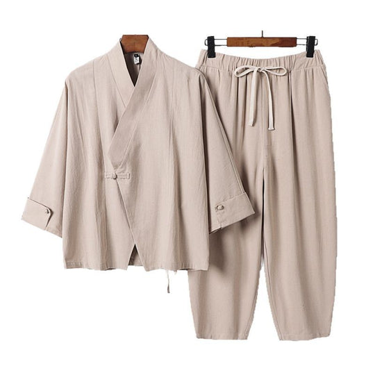 Herren Atmungsaktives Leinen-Baumwoll Lounge-Set mit asymmetrischem V-Kragen und elastischer Kordelhose Shop Nory