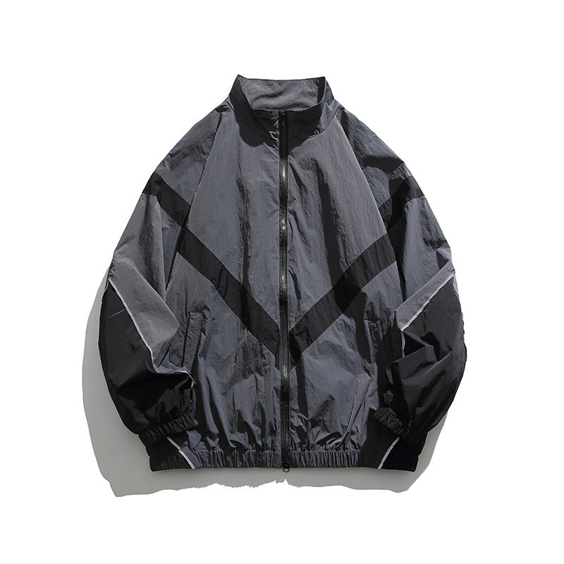 Herren Leichte Oversize Windbreaker-Jacke mit Chevron-Paneelen, Stehkragen und elastischem Saum Shop Nory