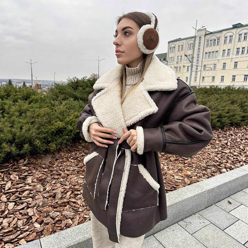 Damen Oversize-Lammfellimitat-Mantel mit kontrastierendem Schalkragen und Bindegürtel Shop Nory