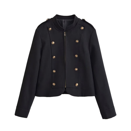 Damen taillierte Kurzjacke im Militärstil mit dekorativer Doppelknopfleiste, Reißverschluss und Schulterpatten Shop Nory
