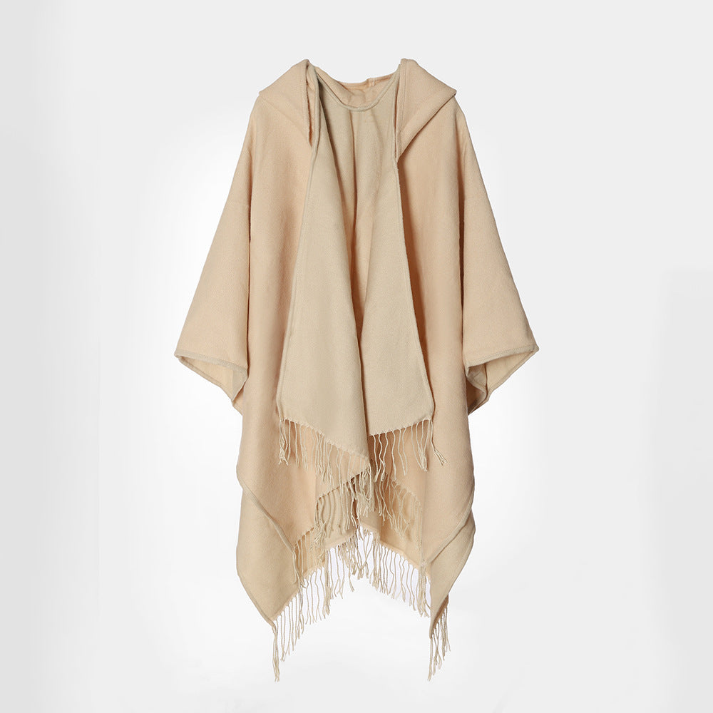 Damen Kapuzencape im Oversize-Überwurf aus Wollmix mit Wendefunktion und Fransensaum Shop Nory