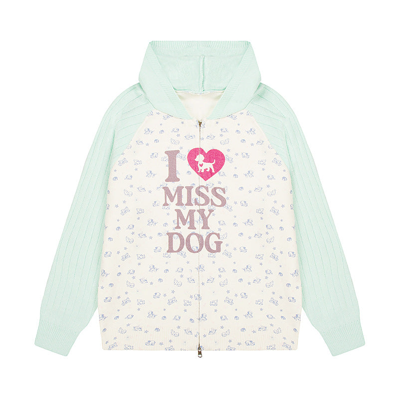 Damen Kapuzen‑Strickjacke mit durchgehendem Reißverschluss, gerippten Ärmeln und Hunde‑Statement‑Print Shop Nory