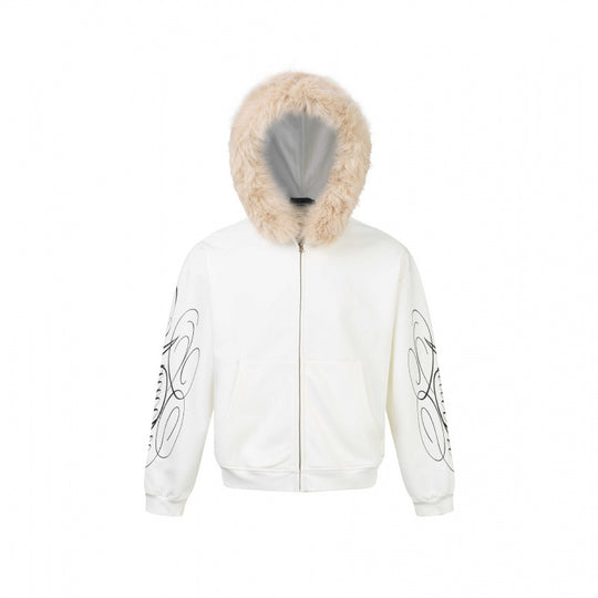 Unisex Oversize-Kapuzenjacke mit Kunstfellbesatz, Reißverschluss und Grafikärmeln Shop Nory