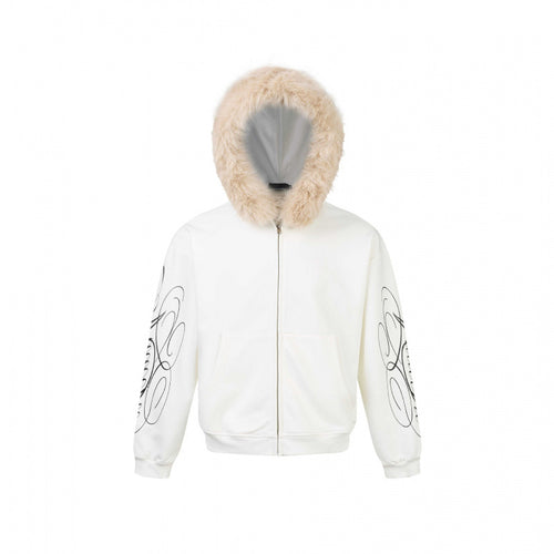 Unisex Oversize-Kapuzenjacke mit Kunstfellbesatz, Reißverschluss und Grafikärmeln Shop Nory