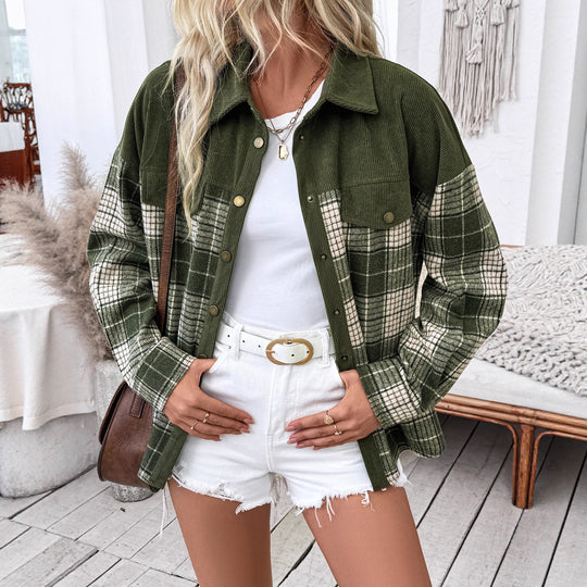 Damen Oversize-Hemdjacke im Karo mit Cordkragen und aufgesetzten Brusttaschen Shop Nory