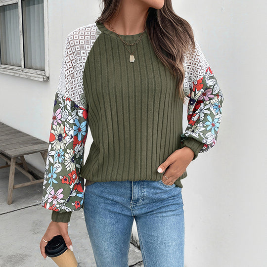 Damen Gerippter Strickpullover mit Häkel-Schulter & gShop Norylümten Ballonärmeln Shop Nory