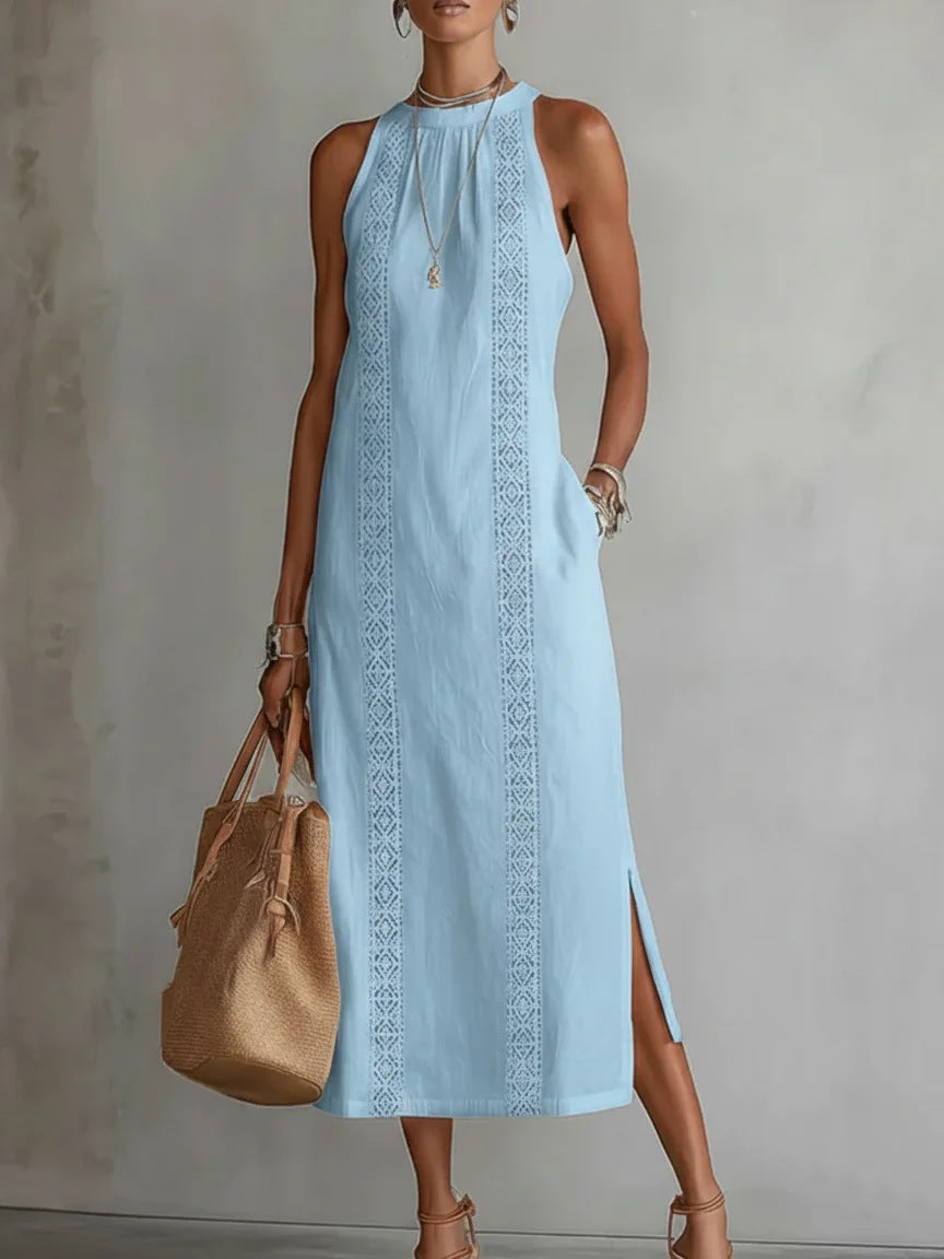Damen Elegantes Sommer-Maxi-Kleid mit Spitzenapplikation und seitlichem Schlitz
