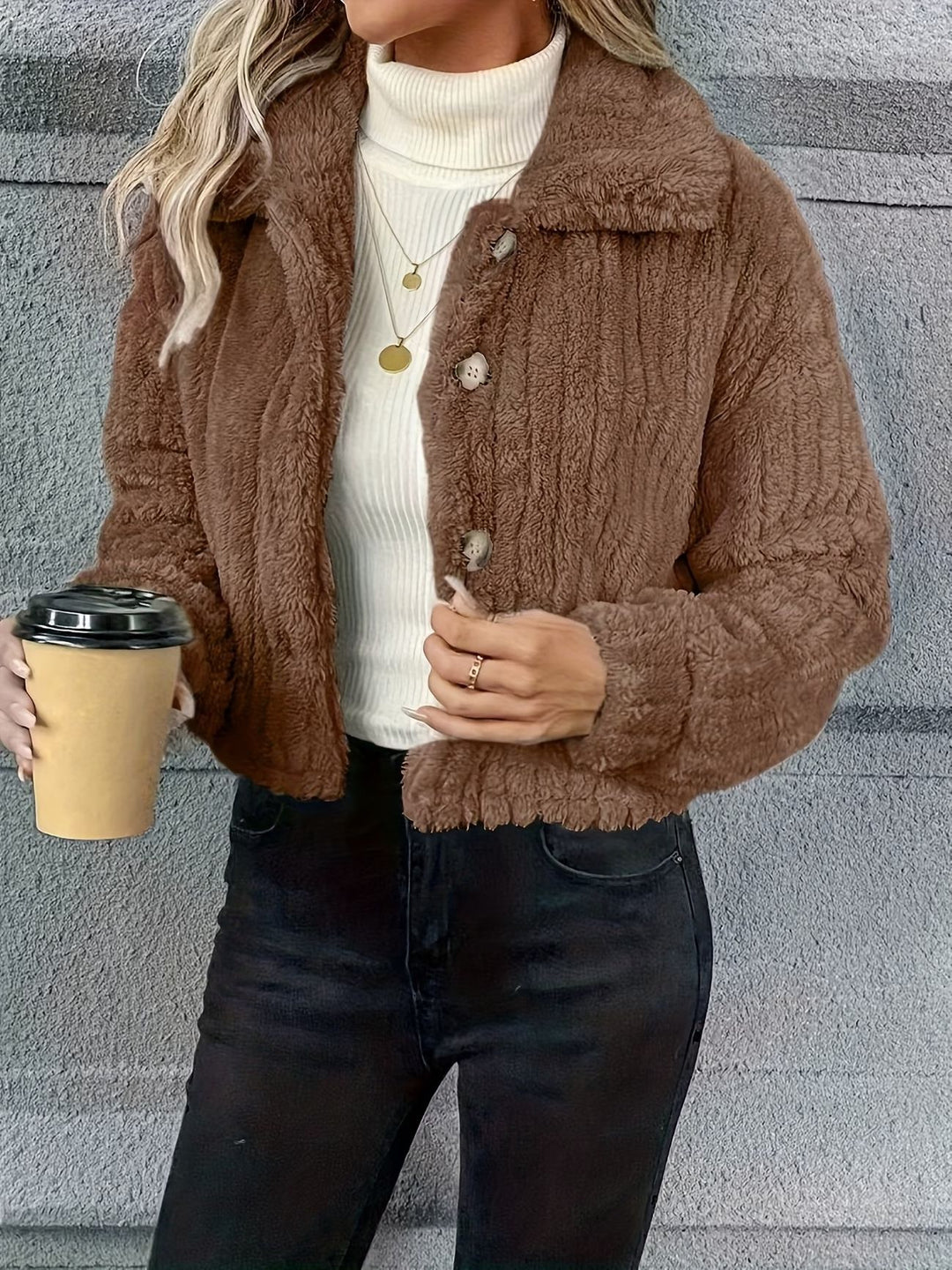 Damen Kurzjacke Teddy-Fleece mit Knopfverschluss und weitem Hemdkragen Shop Nory