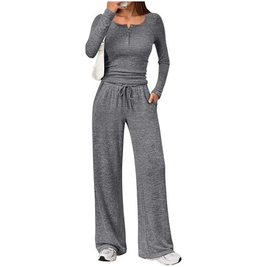 Damen Zweiteiliges Feinstrick-Lounge-Set mit Henley-Top und Palazzo-Hose Shop Nory