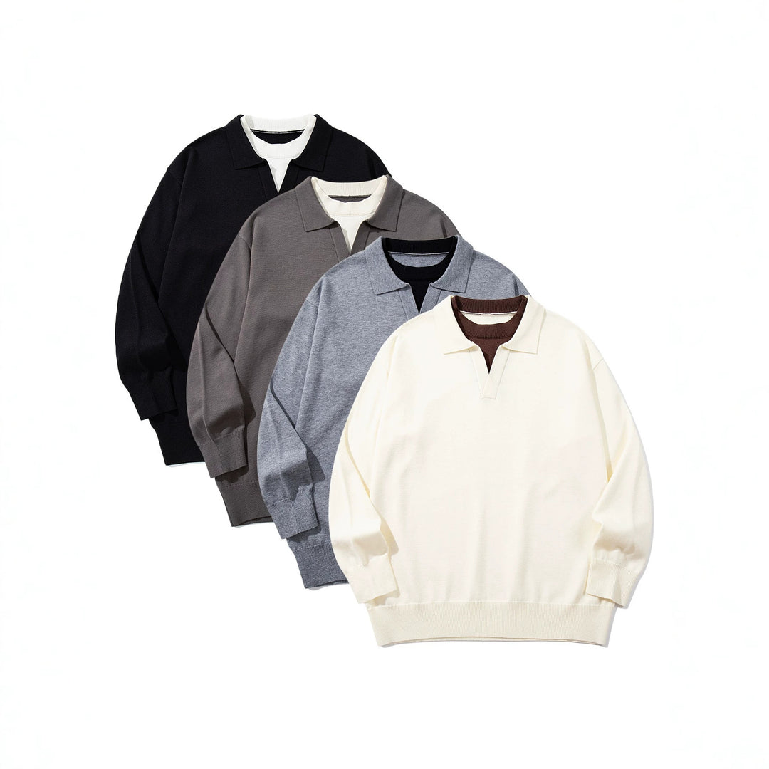 Unisex Feinstrick-Polo mit V‑Ausschnitt‑Cutout und integriertem Rollkragen-Layer Shop Nory