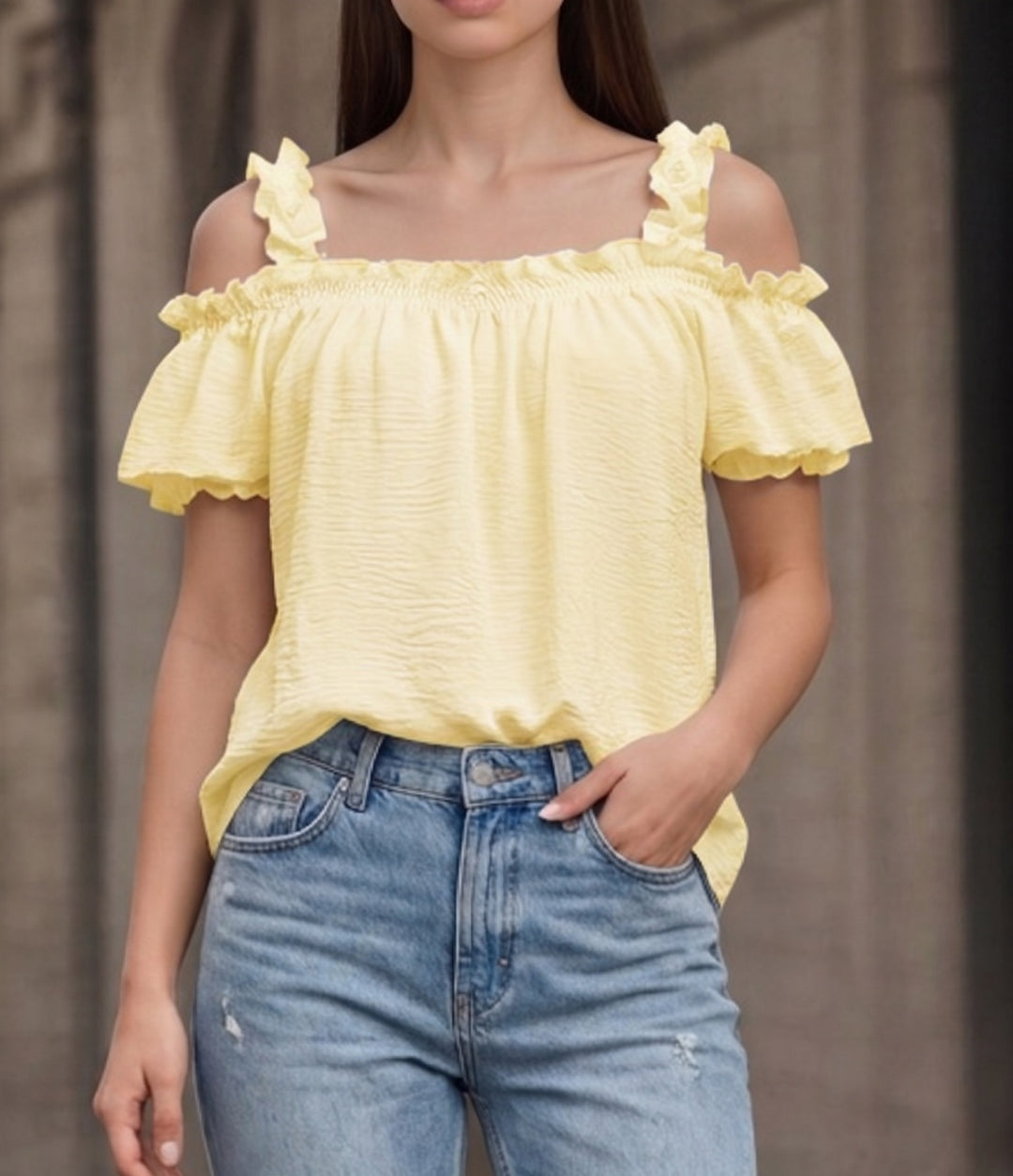 Damen Schulterfreies Crinkle-Top mit Smok-Bandeau, Rüschen‑Trägern und Flügelärmeln Shop Nory