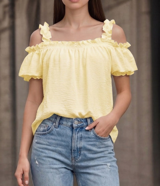 Damen Schulterfreies Crinkle-Top mit Smok-Bandeau, Rüschen‑Trägern und Flügelärmeln Shop Nory