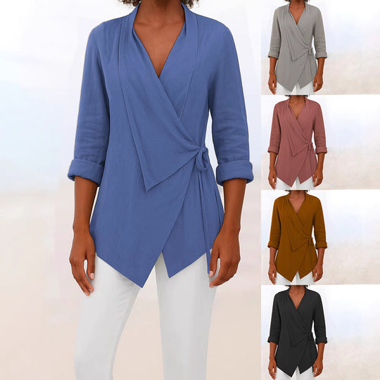 Damen Asymmetrische Wickelbluse mit Schalkragen und 3/4-Ärmeln Shop Nory