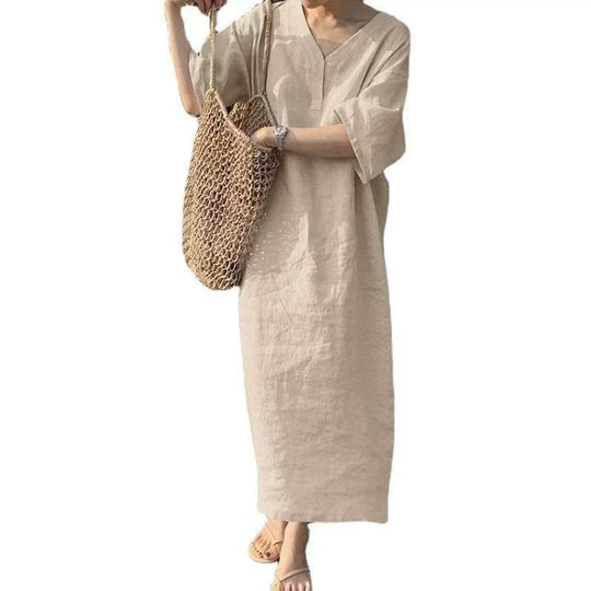 Damen Lässiges Leinen-Maxikleid mit V-Ausschnitt und Oversize-Relax-Fit Shop Nory