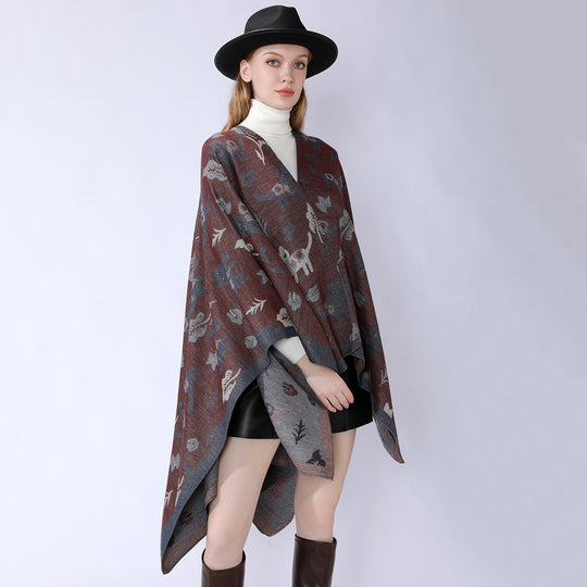 Damen Oversized Ruana im Jacquard mit Katzen- & Blumenmotiv Shop Nory