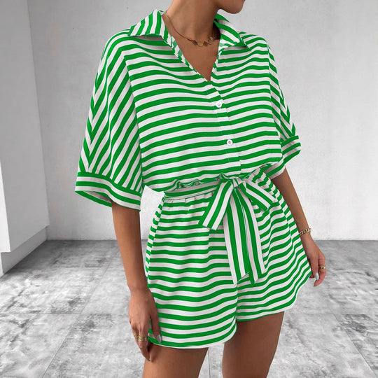 Damen Gestreifter Kurzoverall mit Hemdblusenkragen und Taillen-Bindegürtel Shop Nory