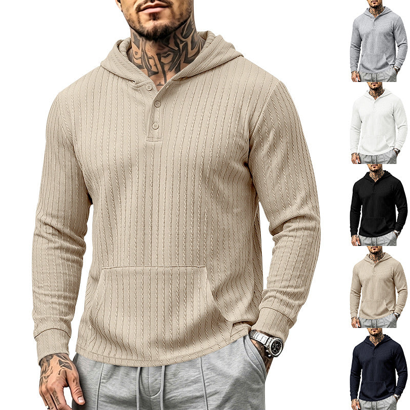 Herren Kapuzen-Henley-Pullover mit Zopfstruktur, Kängurutasche und Rippbündchen Shop Nory