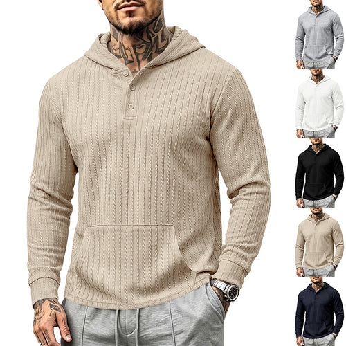 Herren Kapuzen-Henley-Pullover mit Zopfstruktur, Kängurutasche und Rippbündchen Shop Nory