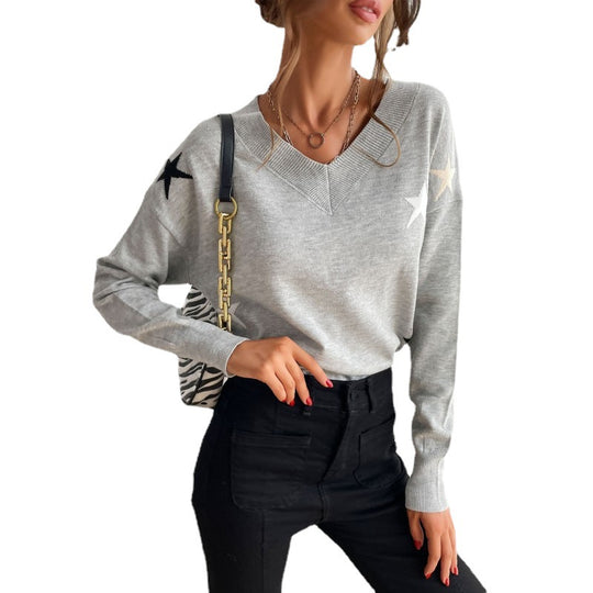 Damen Feiner V‑Ausschnitt Strickpullover mit Stern‑Intarsien und überschnittener Schulter Shop Nory