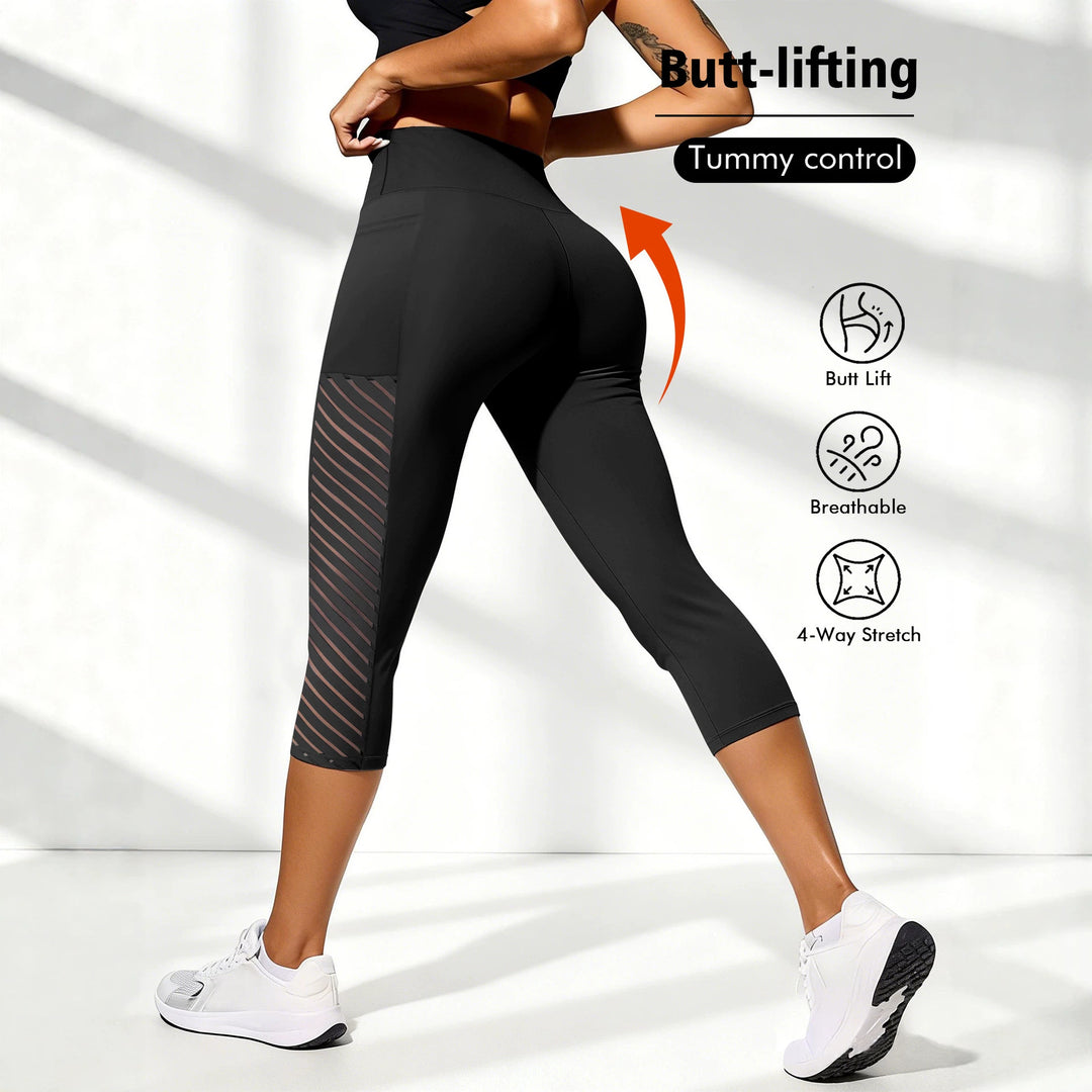 Damen Formende dreiviertel-Sportleggings mit hohem Bund, seitlichem Mesh-Einsatz und Handytasche Shopy Nory