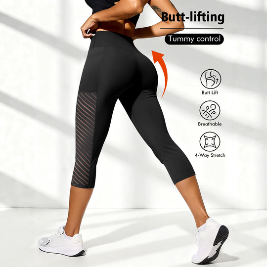 Damen Formende dreiviertel-Sportleggings mit hohem Bund, seitlichem Mesh-Einsatz und Handytasche Shopy Nory