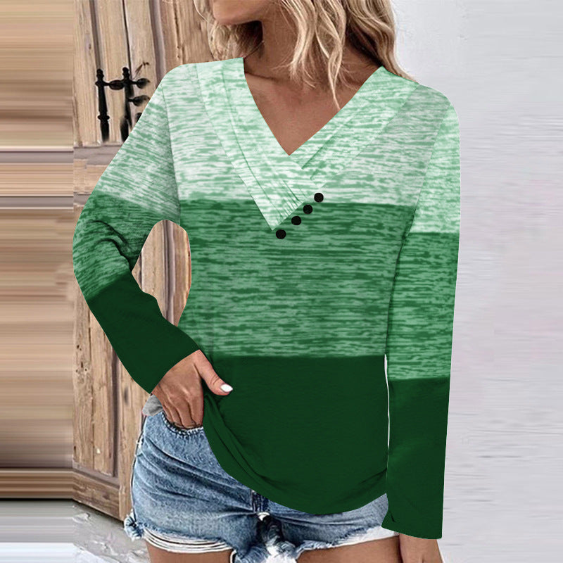 Damen Gerippter V-Ausschnitt Pullover mit Farbverlauf, Zierknöpfen und legerer Passform Shop Nory